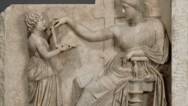 Around 100 BC, an upper-class Greek woman died. Her tomb included a beautiful relief scene that showed the deceased sitting in comfort with a child in...